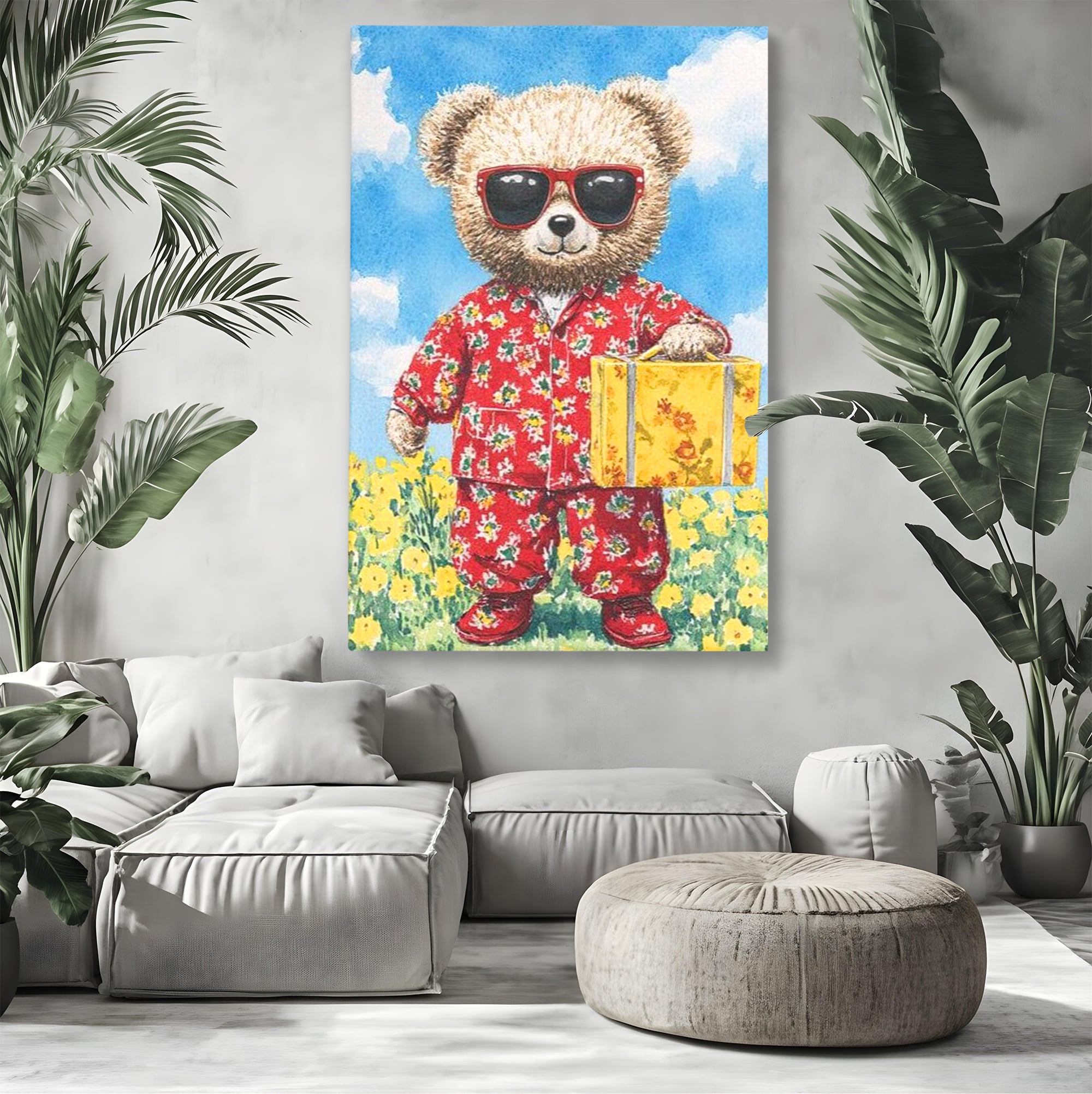 Tablou canvas cu tablou canvas cu ursulet in pijamale, fara rama, pe sasiu de lemn, pe perete intr-un living